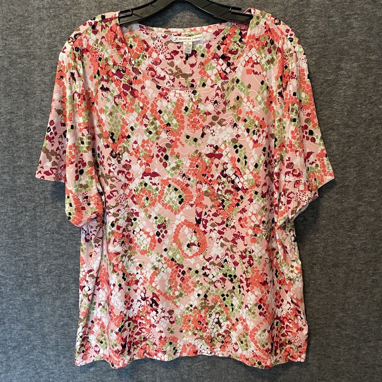 Jm Collection Top Womens Plus 3x Pink Green Floral Textured Stretch Knit Blouse